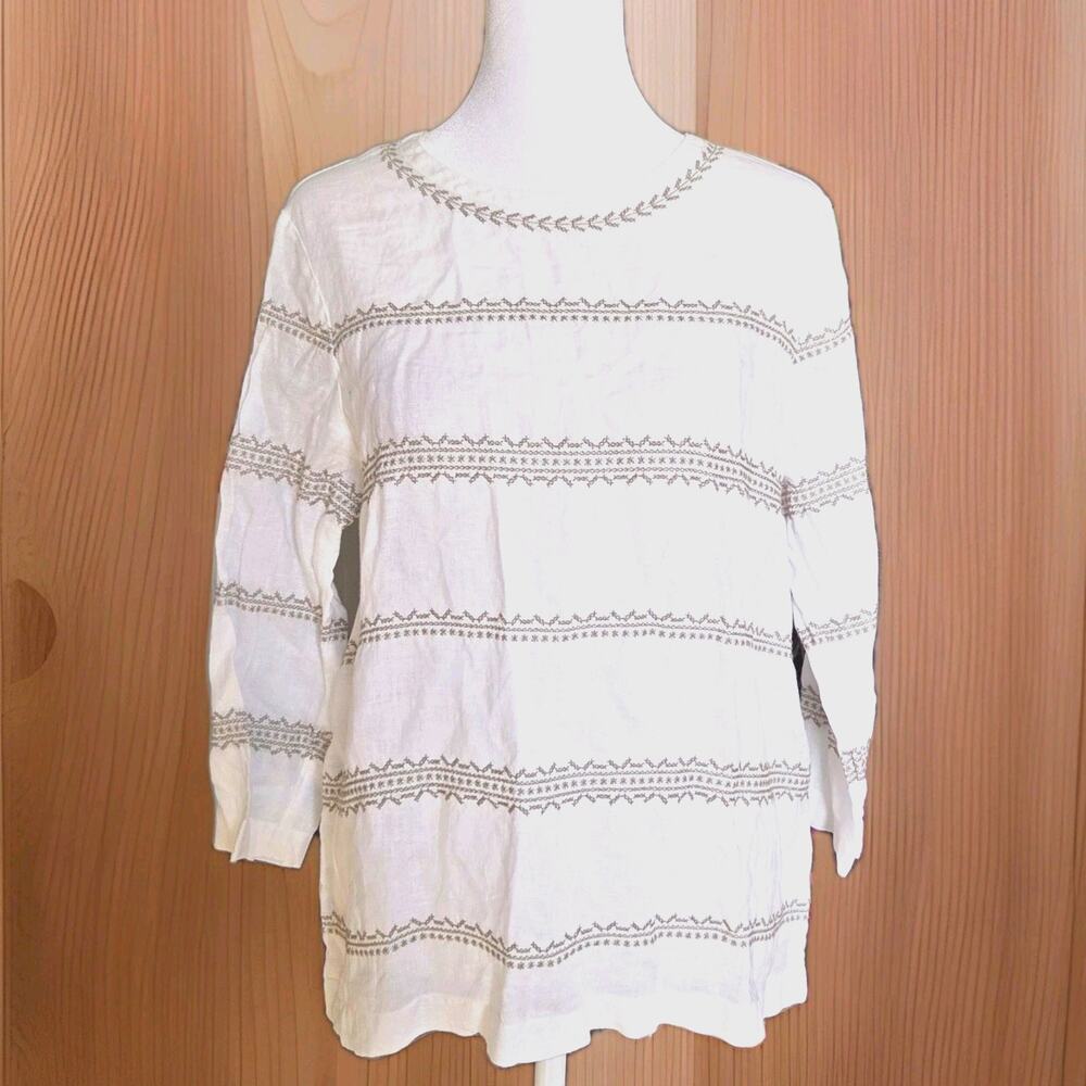 J Jill Women XS Love Linen White Blouse Embroidered Boho Cottage Beachy Summer